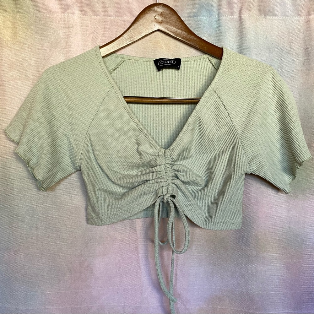 CIDER Waffle Knit Ruched Crop Top (Mint Green)